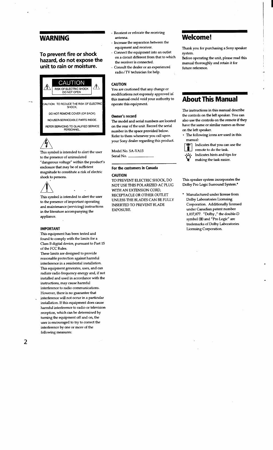 Warning, Important, Caution | Owner's record, Welcome, For the customers in canada caution, About this manual | Sony SA-VA15 User Manual | Page 2 / 14