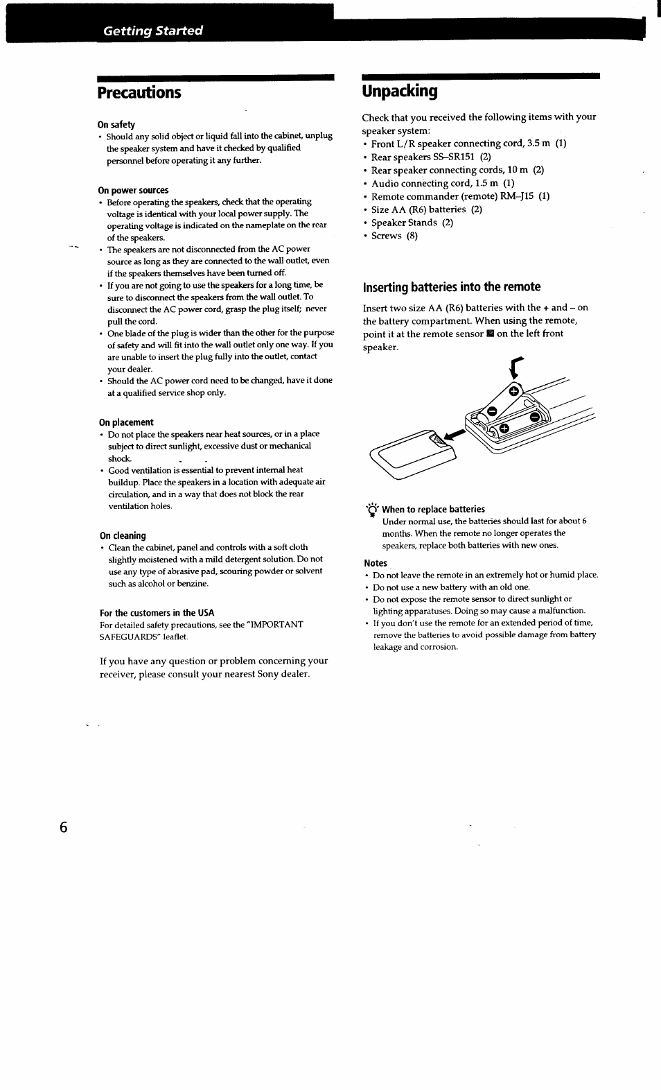 Unpacking, On safety, On power sources | On placement, On cleaning, For the customers in the usa, Inserting batteries into the remote, Q' when to replace batteries, Notes, Precautions unpacking | Sony SA-VA15 User Manual | Page 6 / 14