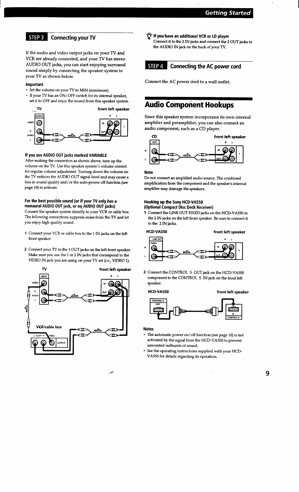 Important, Tv front left speaker, If you use audio out jacks marked variable | If you have an additional vcr or lo player, Connecting the ac power cord, Audio component hookups, Cd front left speaker, Front left speaker, Notes, Getting started steps connecting your tv | Sony SA-VA15 User Manual | Page 9 / 14