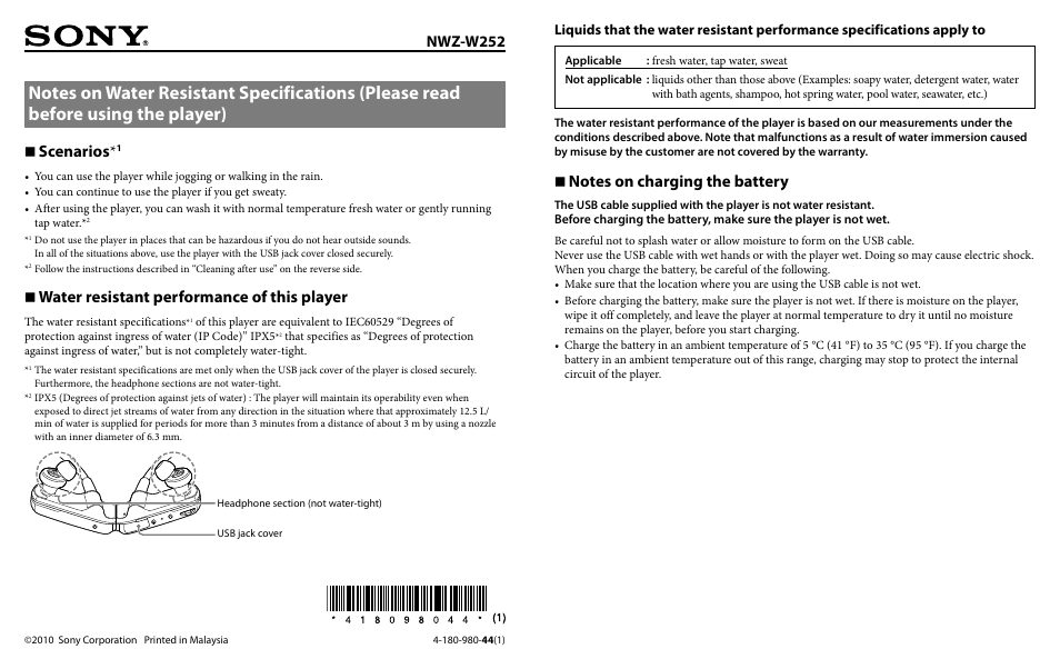 Sony NWZ-W252CAMO User Manual | 2 pages
