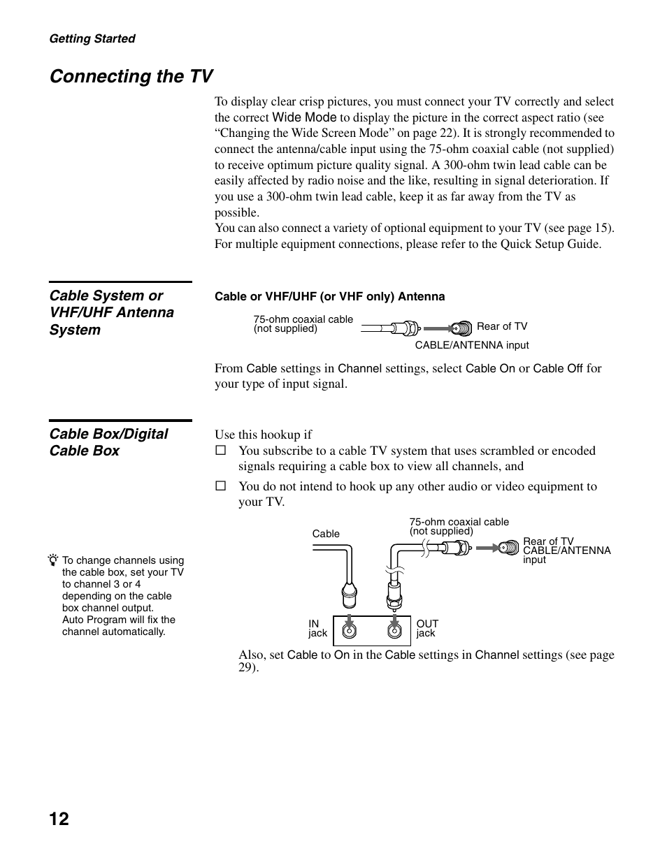 Connecting the tv, Cable system or vhf/uhf antenna system, Cable box/digital cable box | 12 connecting the tv | Sony KDL-37L4000 User Manual | Page 12 / 44