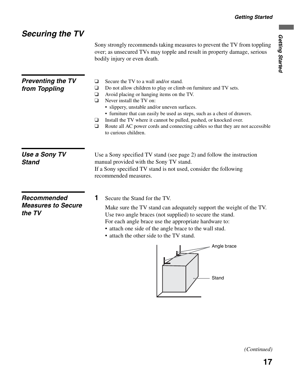 Securing the tv, Preventing the tv from toppling, Use a sony tv stand | Recommended measures to secure the tv | Sony KDL-37L4000 User Manual | Page 17 / 44