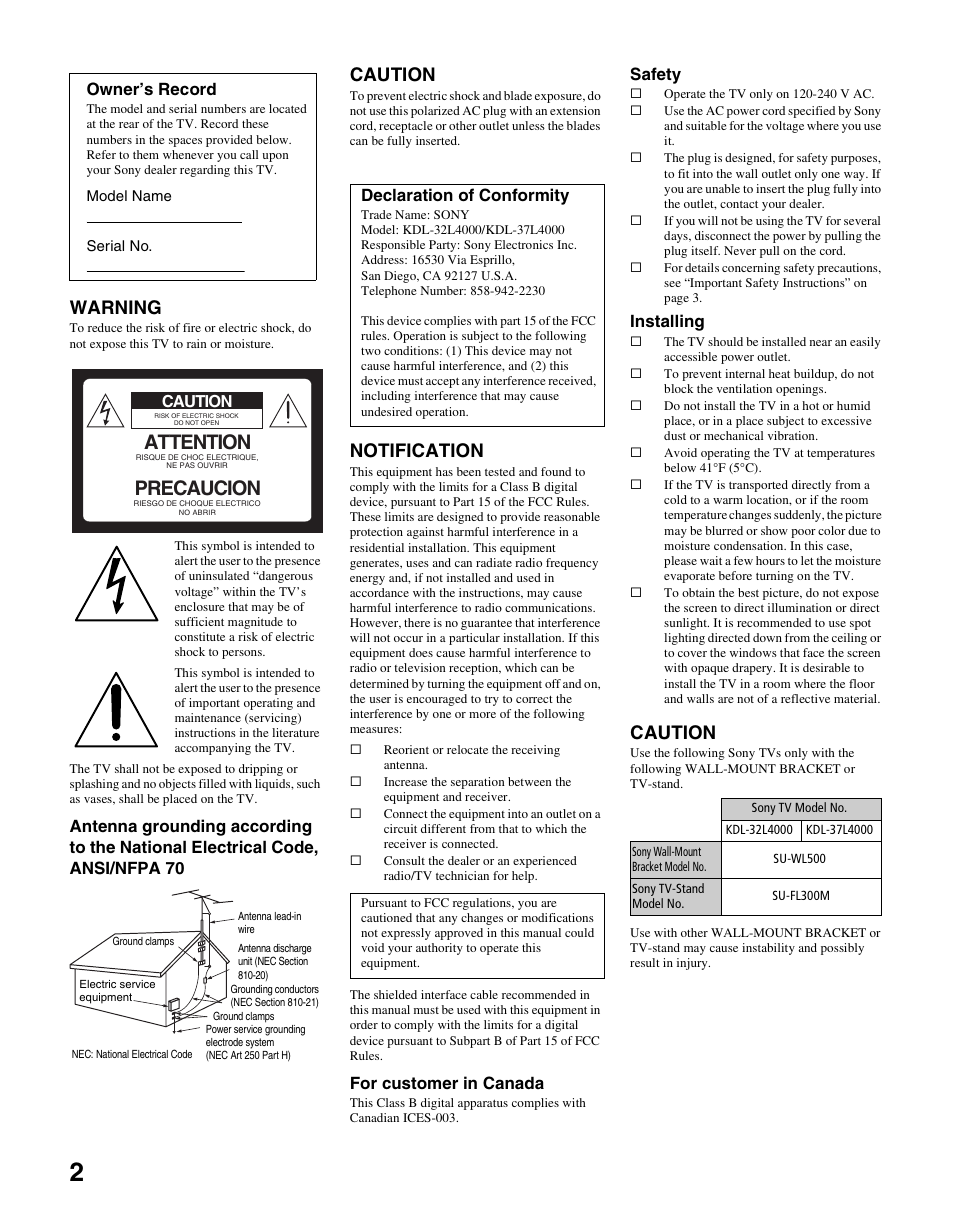 Attention, Precaucion, Warning | Caution, Notification, For customer in canada, Safety, Installing, Owner’s record, Declaration of conformity | Sony KDL-37L4000 User Manual | Page 2 / 44
