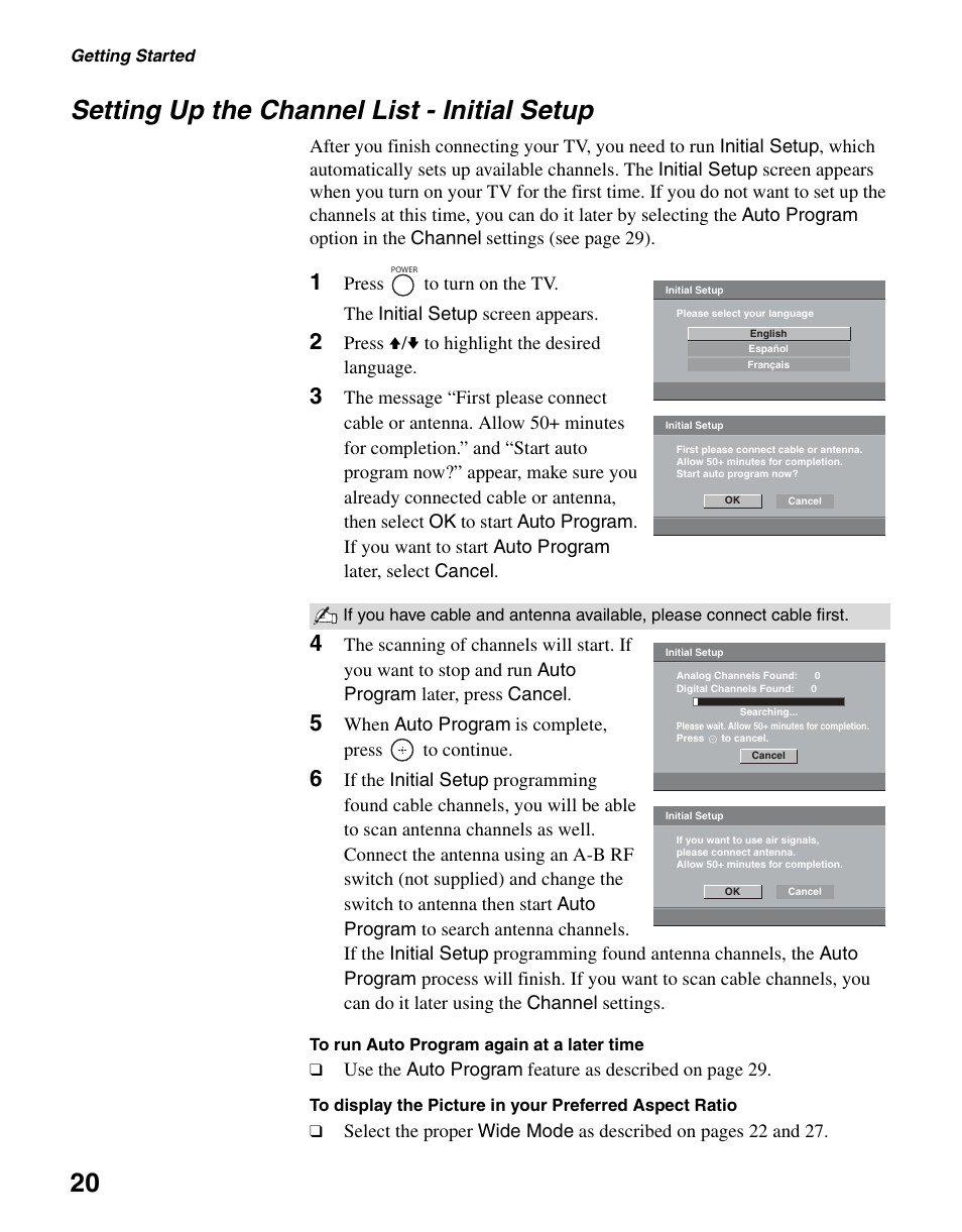 Setting up the channel list - initial setup, 20 setting up the channel list - initial setup | Sony KDL-37L4000 User Manual | Page 20 / 44