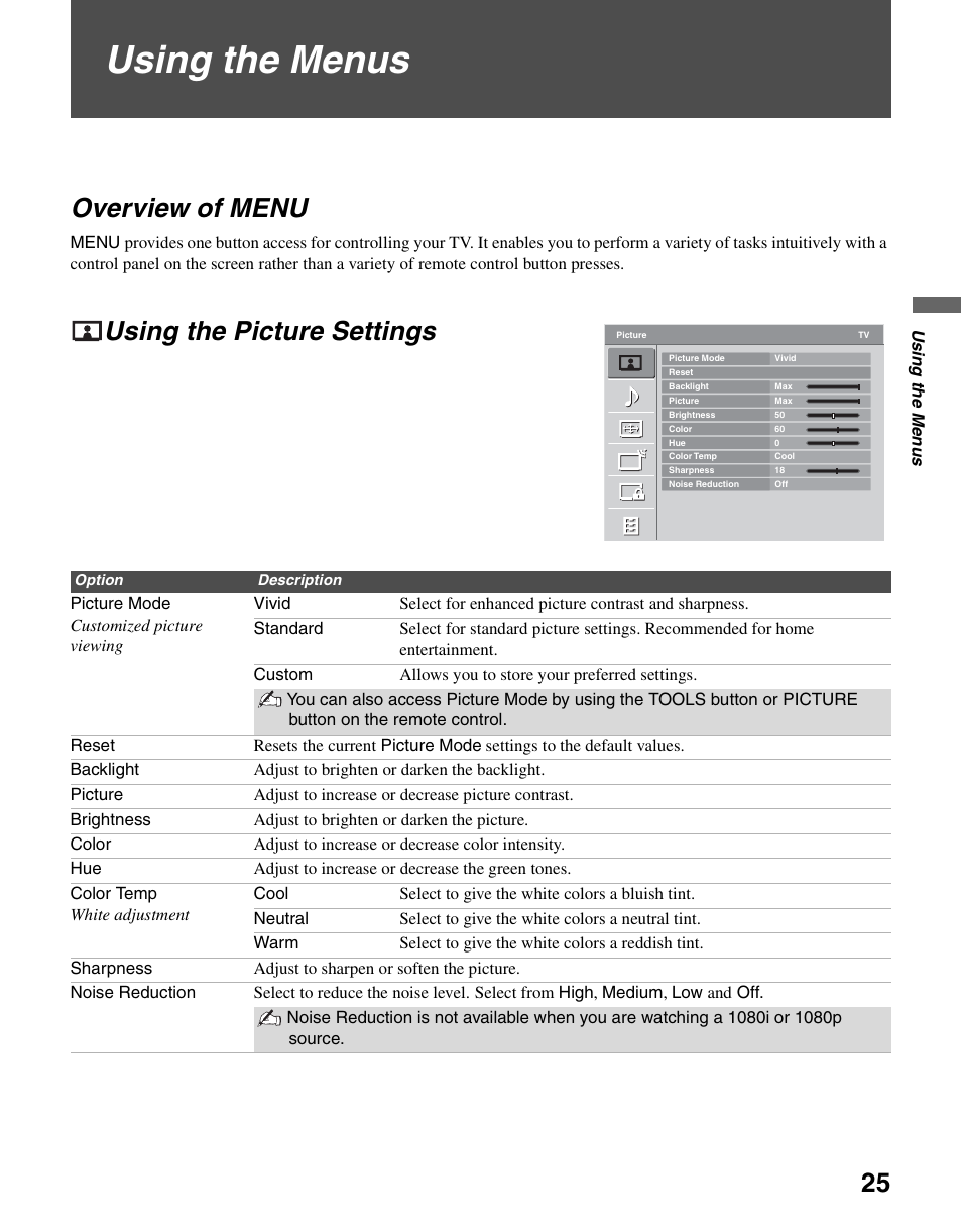 Using the menus, Overview of menu, Using the picture settings | Overview of menu using the picture settings | Sony KDL-37L4000 User Manual | Page 25 / 44