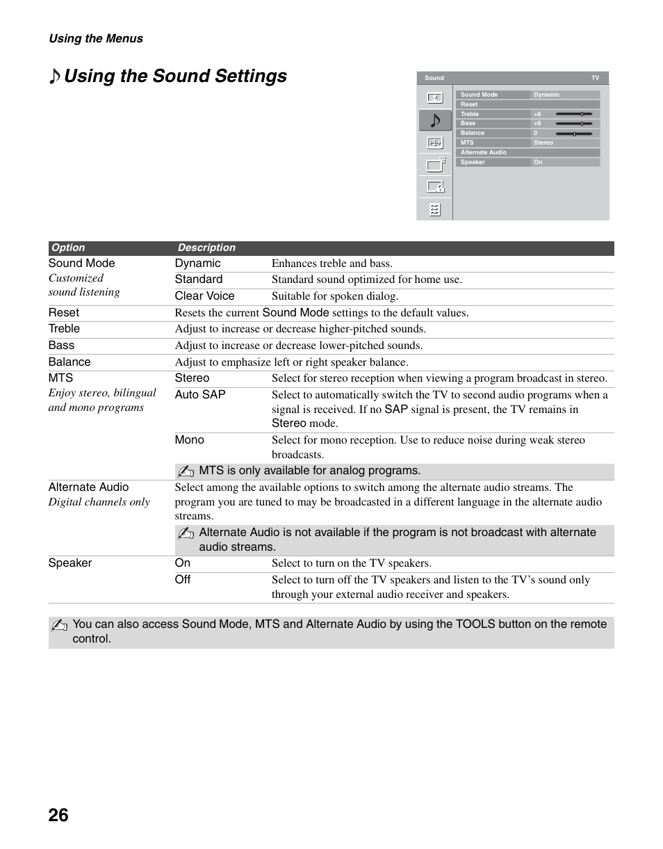 Using the sound settings, 26 using the sound settings | Sony KDL-37L4000 User Manual | Page 26 / 44