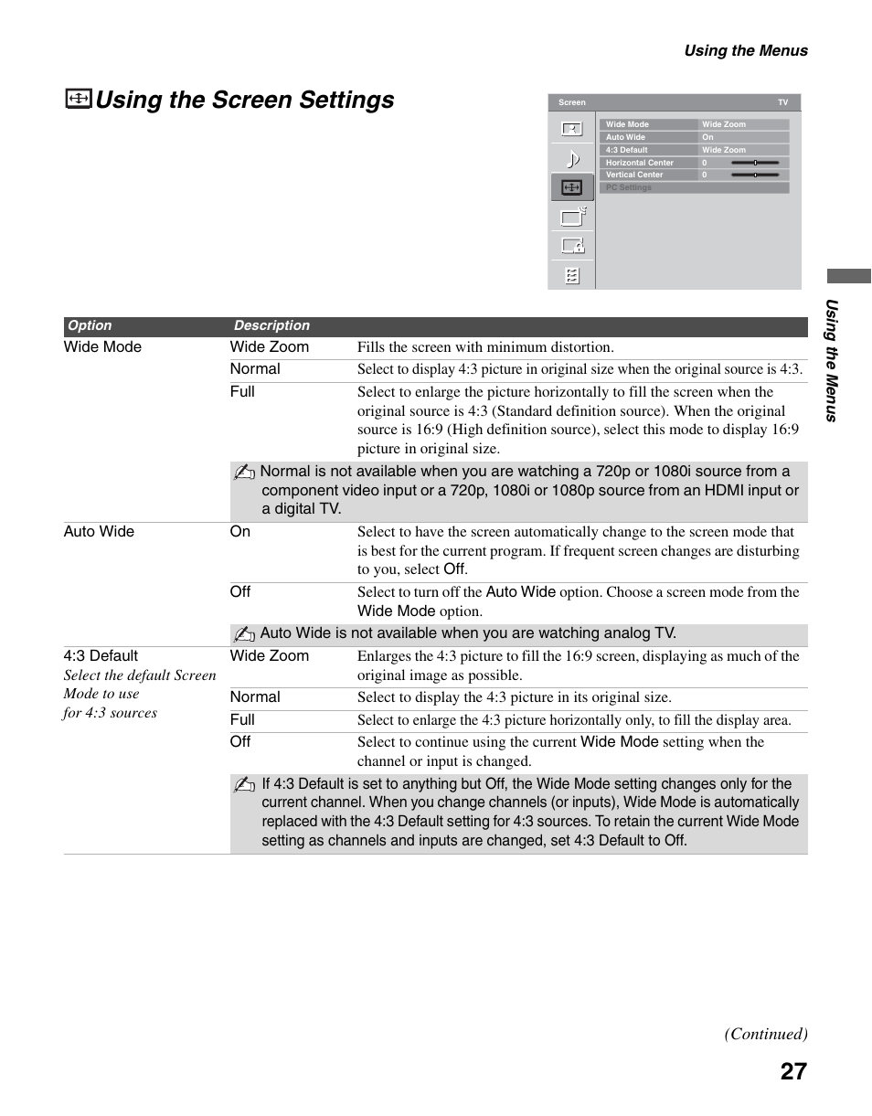 Using the screen settings, D 27 | Sony KDL-37L4000 User Manual | Page 27 / 44