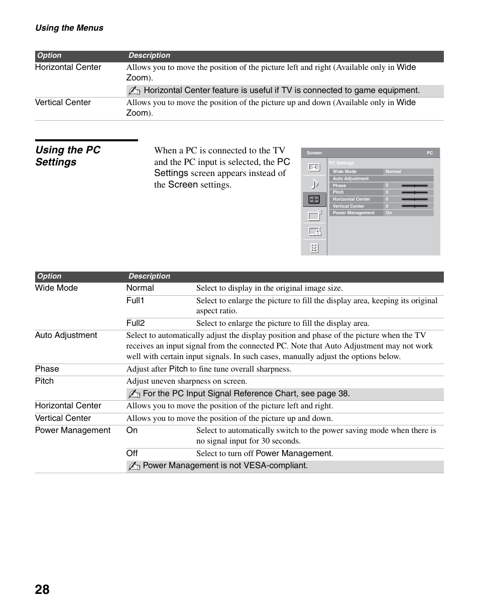 Using the pc settings | Sony KDL-37L4000 User Manual | Page 28 / 44