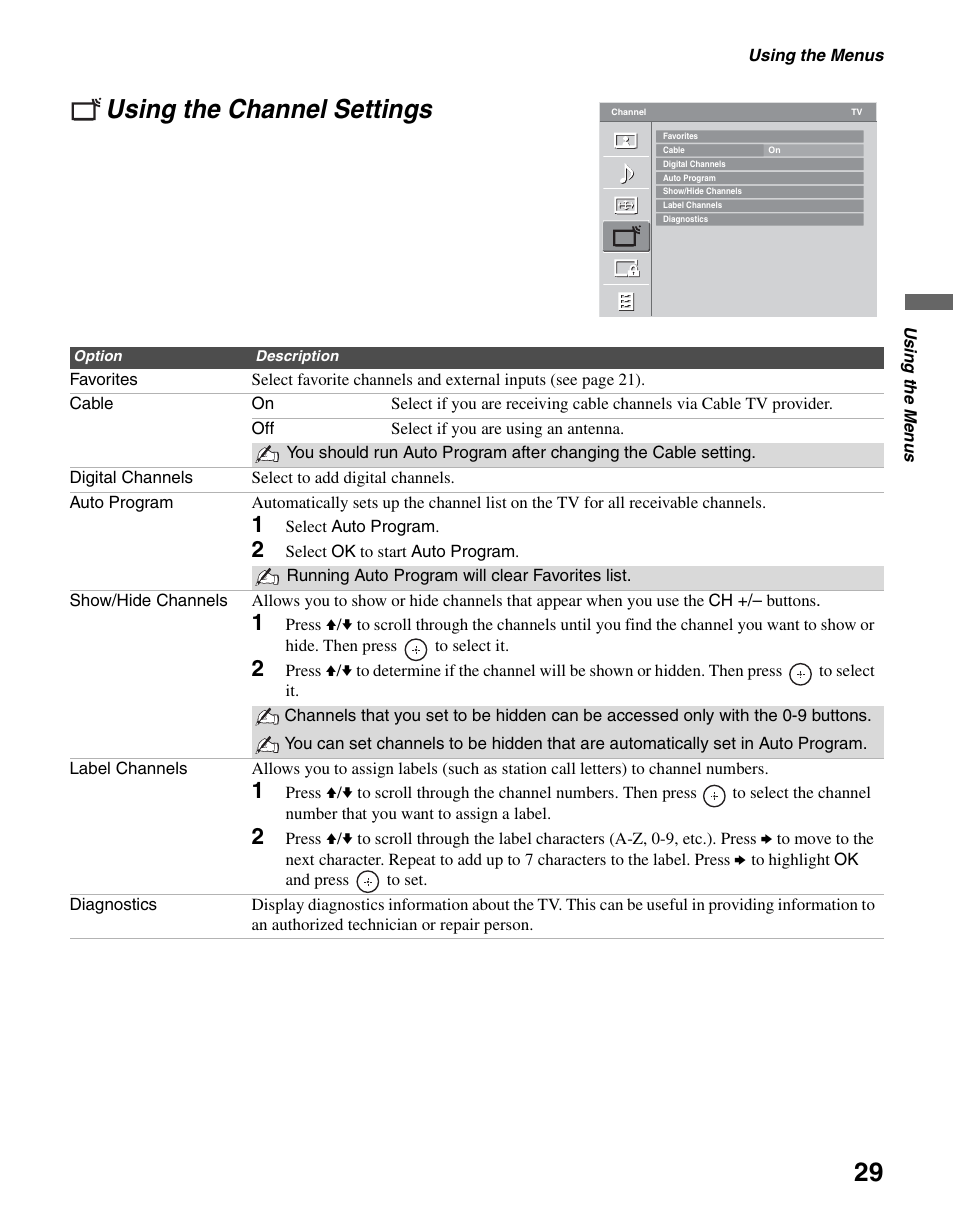 Using the channel settings | Sony KDL-37L4000 User Manual | Page 29 / 44