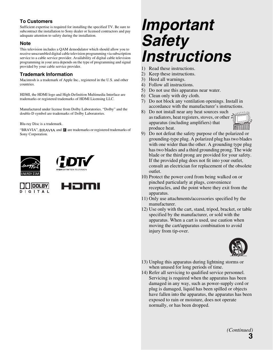 Important safety instructions | Sony KDL-37L4000 User Manual | Page 3 / 44
