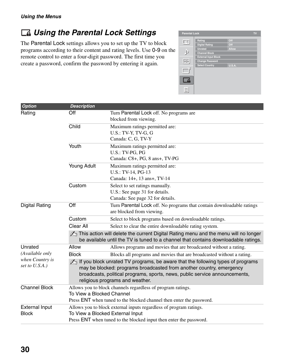 Using the parental lock settings, 30 using the parental lock settings | Sony KDL-37L4000 User Manual | Page 30 / 44