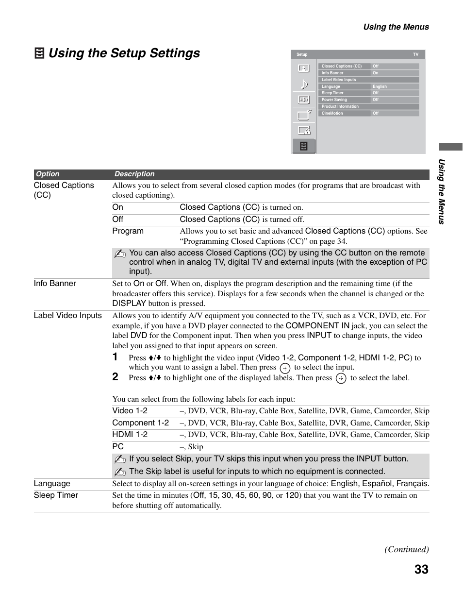 Using the setup settings | Sony KDL-37L4000 User Manual | Page 33 / 44