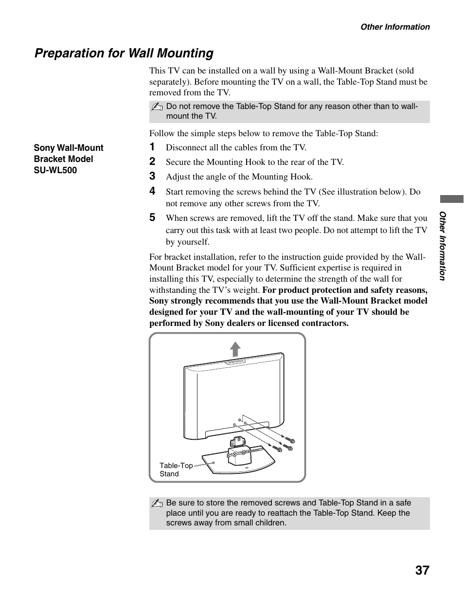 Preparation for wall mounting | Sony KDL-37L4000 User Manual | Page 37 / 44