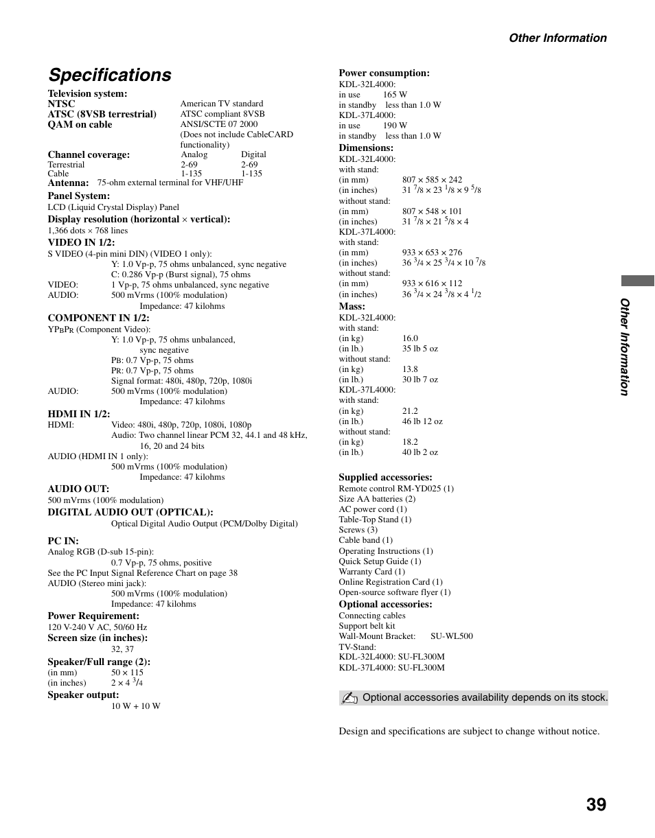 Specifications, Other information, Oth e r info rm a tio n | Sony KDL-37L4000 User Manual | Page 39 / 44