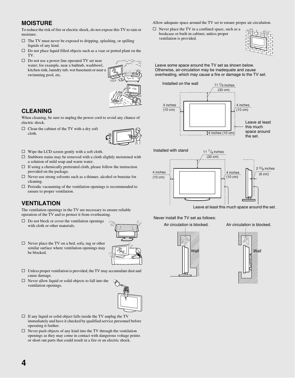 Moisture, Cleaning, Ventilation | Sony KDL-37L4000 User Manual | Page 4 / 44