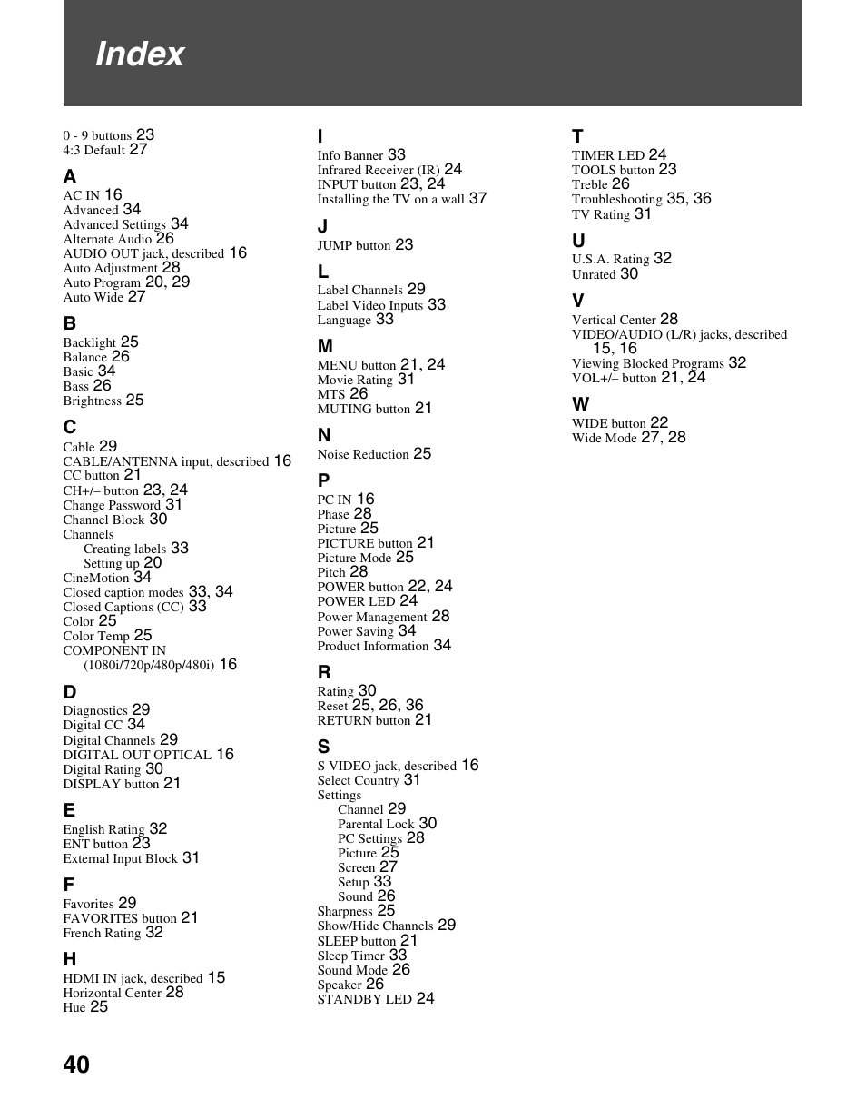 Index | Sony KDL-37L4000 User Manual | Page 40 / 44