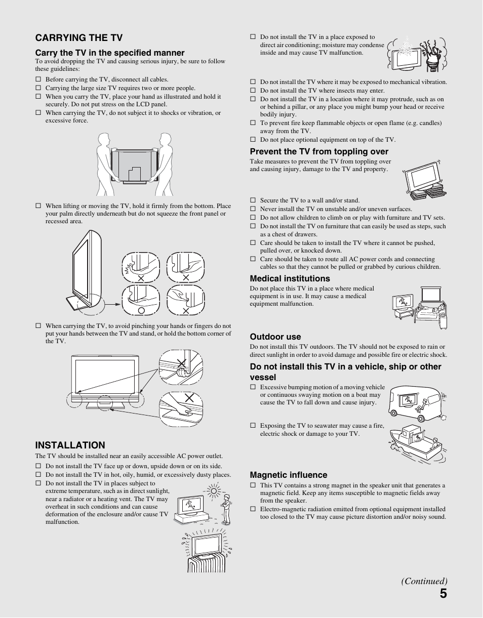 Carrying the tv, Installation, Continued) | Sony KDL-37L4000 User Manual | Page 5 / 44