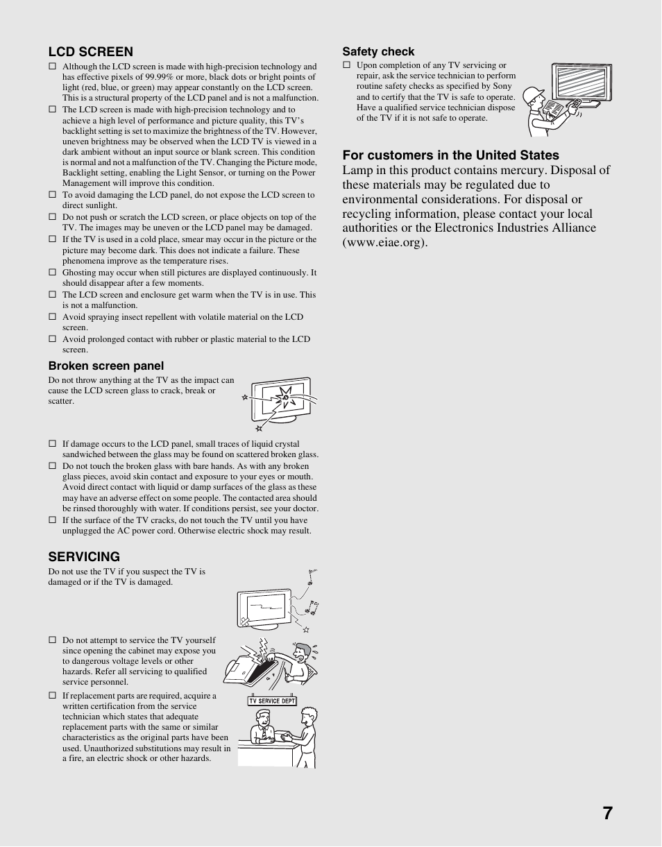 Lcd screen, Servicing | Sony KDL-37L4000 User Manual | Page 7 / 44