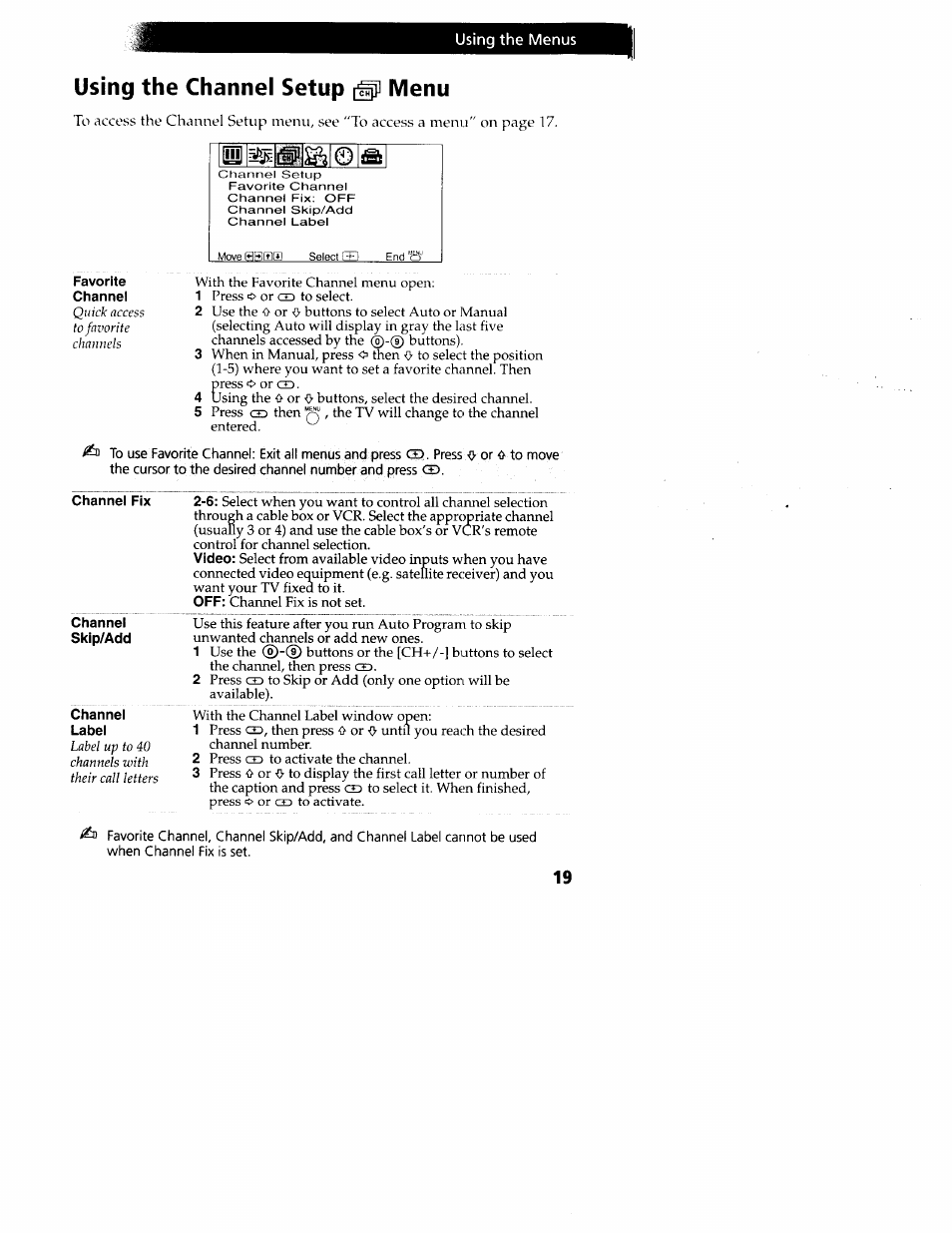 Favorite, Channel, Skip/add | Label, Using the channel setup, Menu | Sony wega KV-20FS12 User Manual | Page 28 / 41