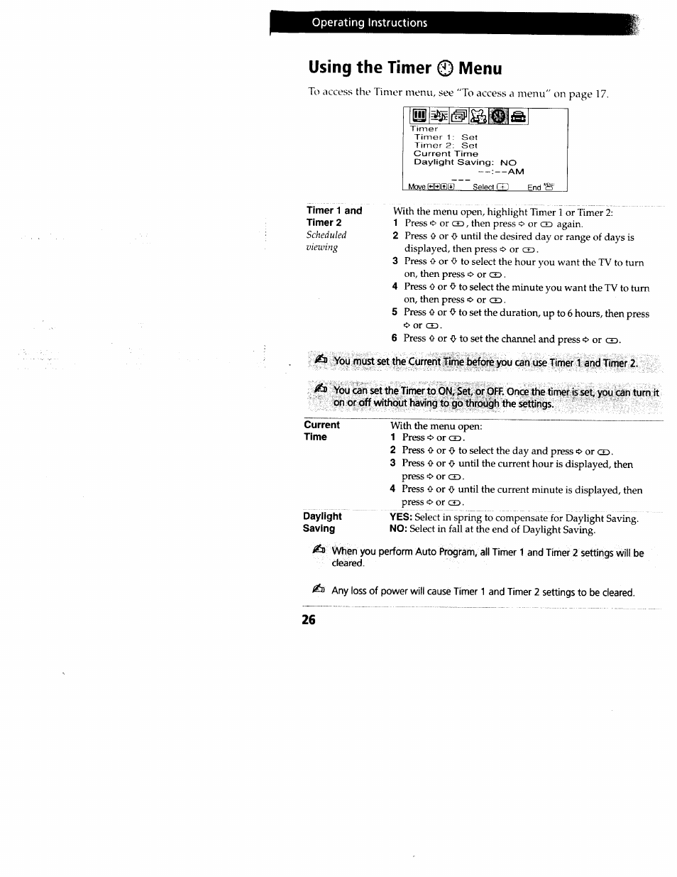 Using the timer © menu, Using the timer 0 menu | Sony wega KV-20FS12 User Manual | Page 35 / 41