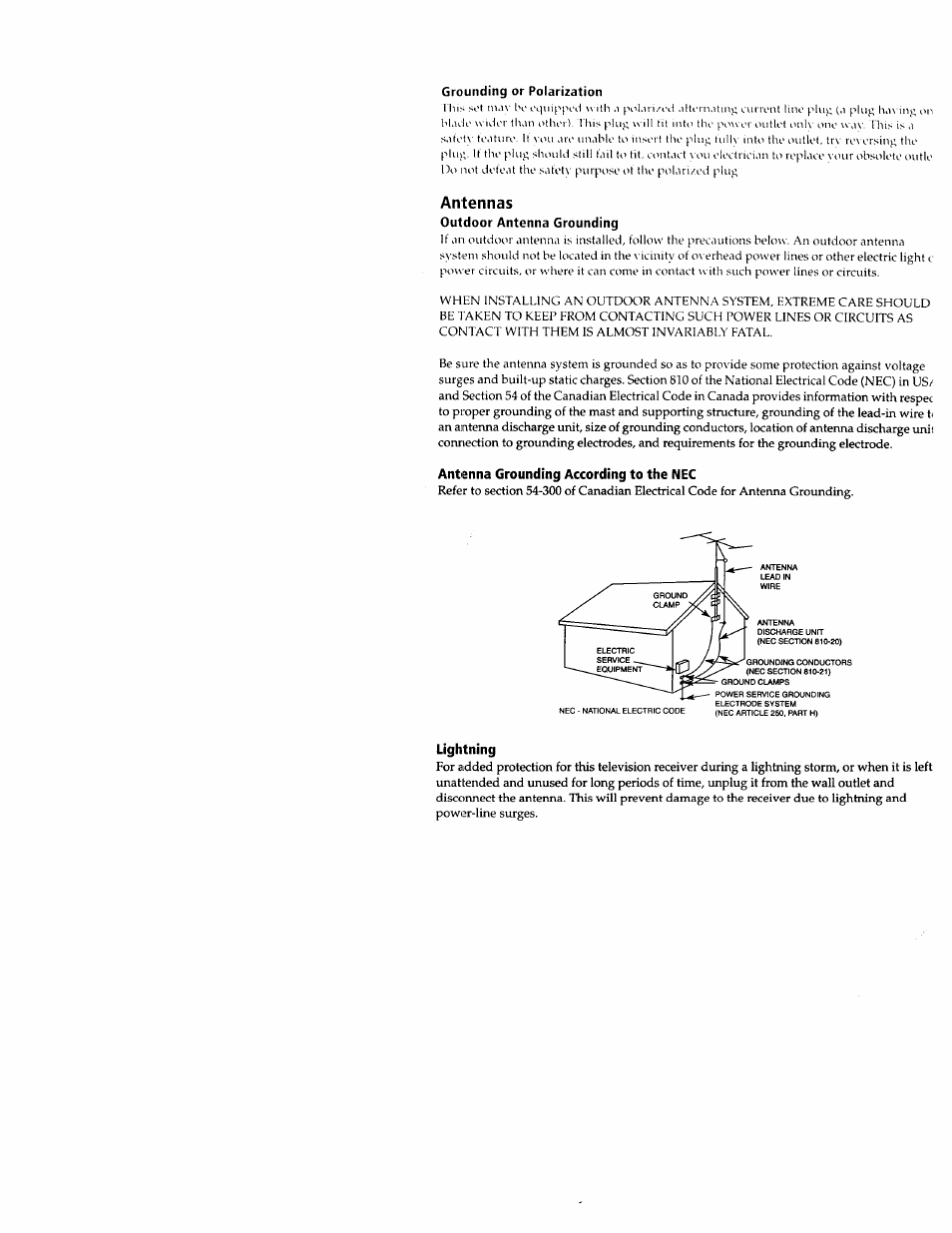 Antennas, Antenna grounding according to the nec, Lightning | Sony wega KV-20FS12 User Manual | Page 7 / 41