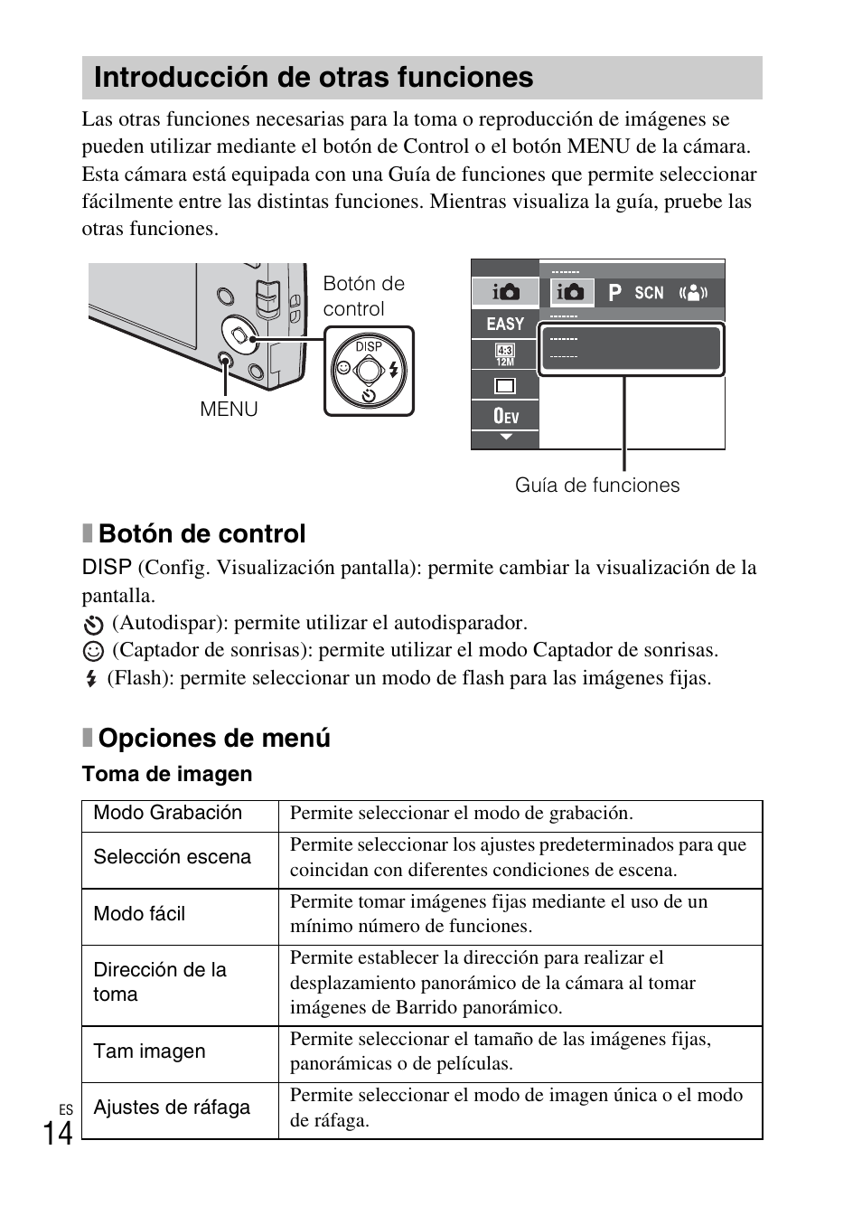 Introducción de otras funciones, Xbotón de control, Xopciones de menú | Sony DSC-W510 User Manual | Page 36 / 48