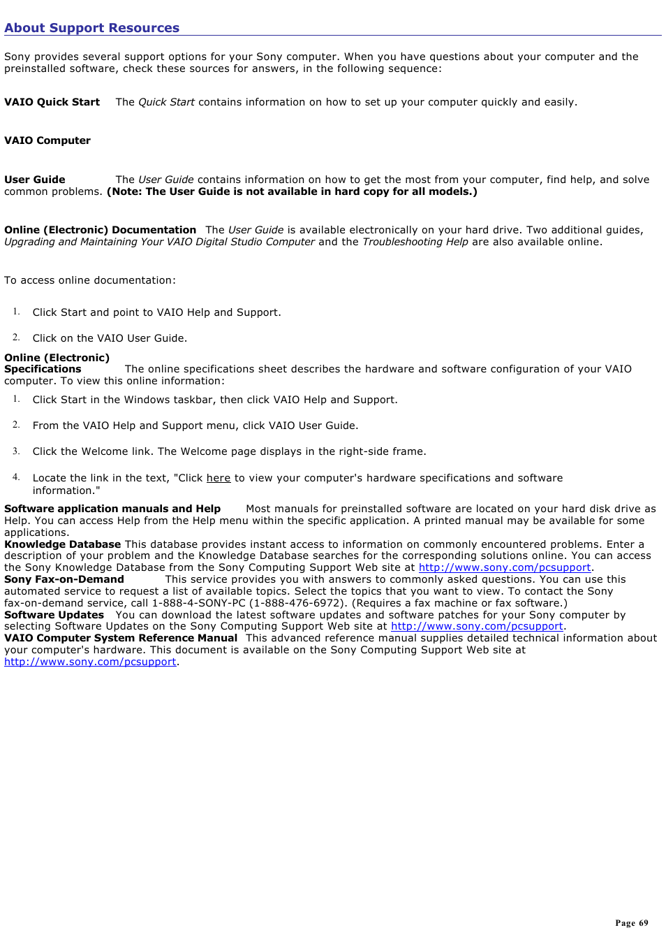 About support resources | Sony PCV-RX770 User Manual | Page 69 / 80
