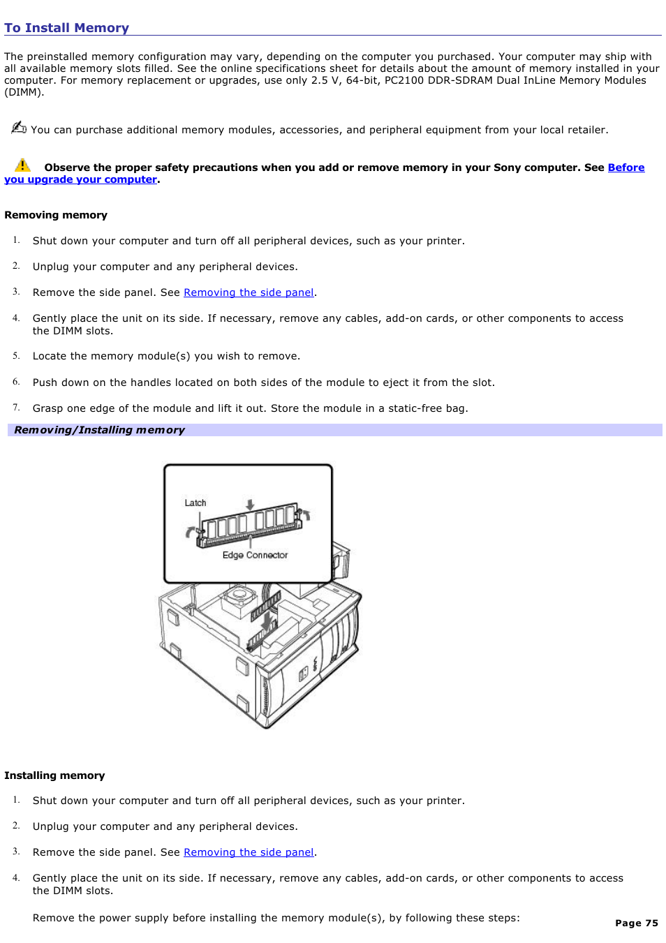 To install memory | Sony PCV-RX770 User Manual | Page 75 / 80
