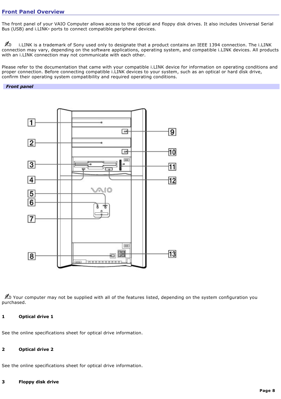 Front panel overview | Sony PCV-RX770 User Manual | Page 8 / 80