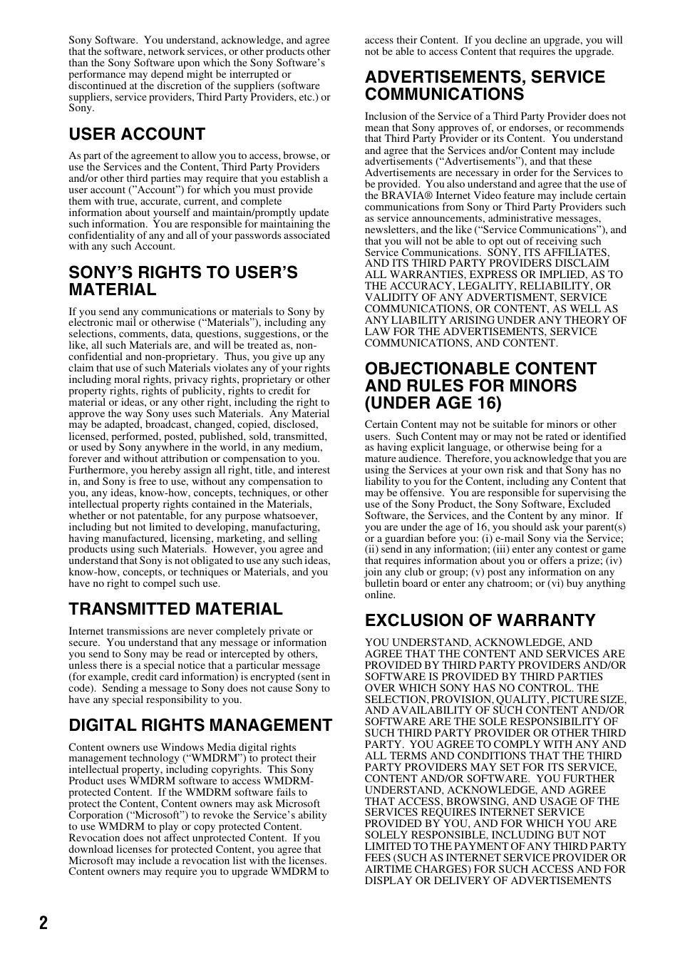 User account, Sony’s rights to user’s material, Transmitted material | Digital rights management, Advertisements, service communications, Exclusion of warranty | Sony BDV-T37 User Manual | Page 2 / 12