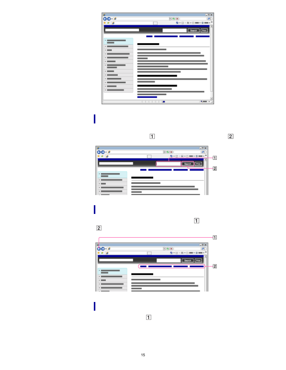 Searching this help guide, Returning to a previous page, Printing out a page | Sony NWZ-W274S User Manual | Page 15 / 101