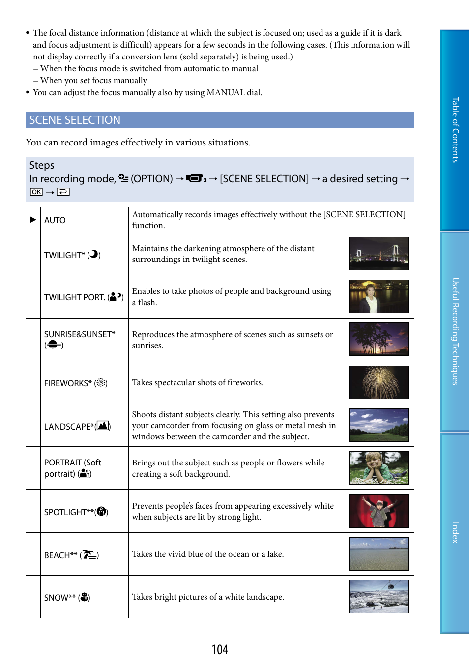 Scene selection, Steps in recording mode, (option), A desired setting | Sony HDR-XR520V User Manual | Page 104 / 136
