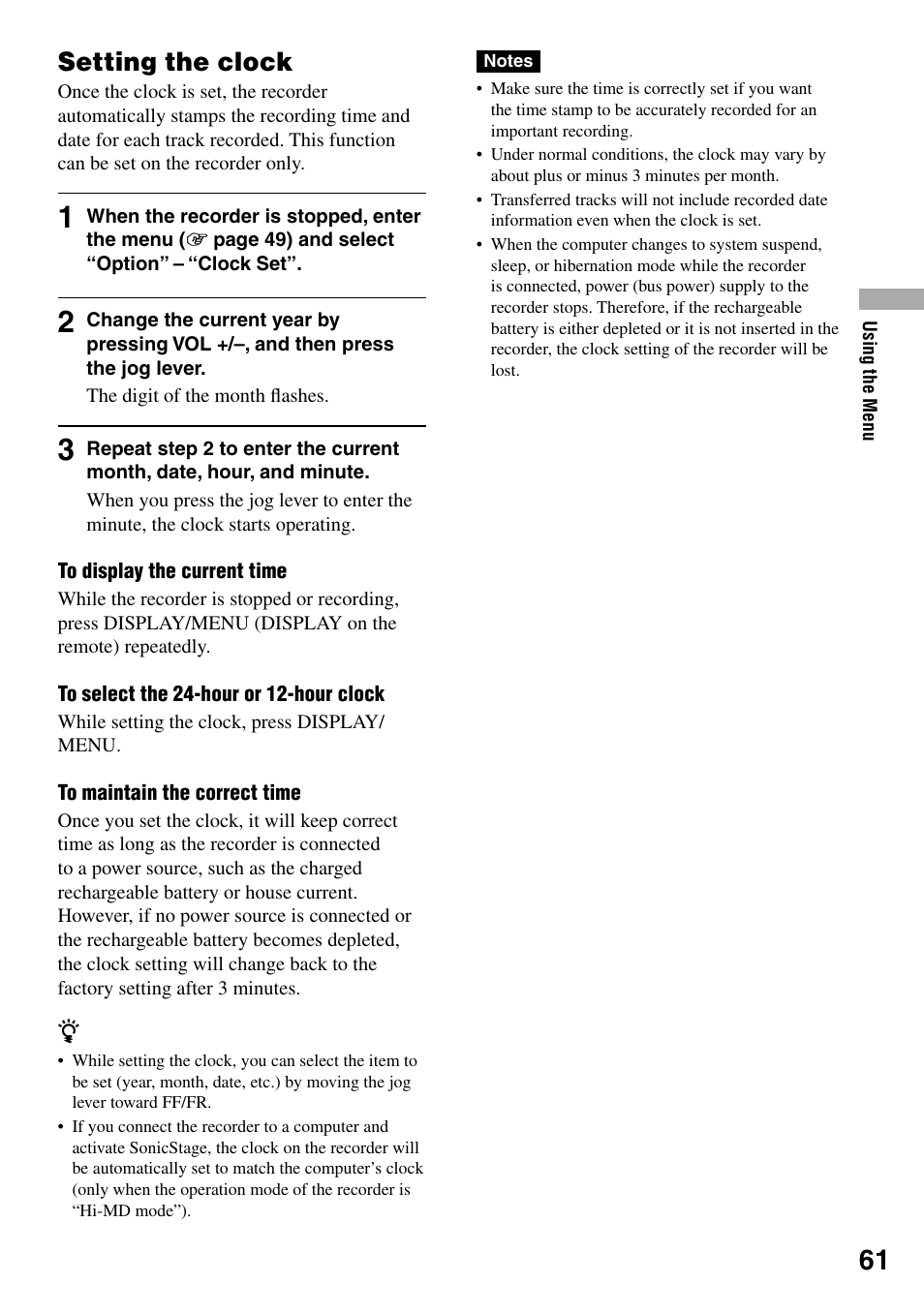 Setting the clock | Sony MZ-RH1 User Manual | Page 61 / 88