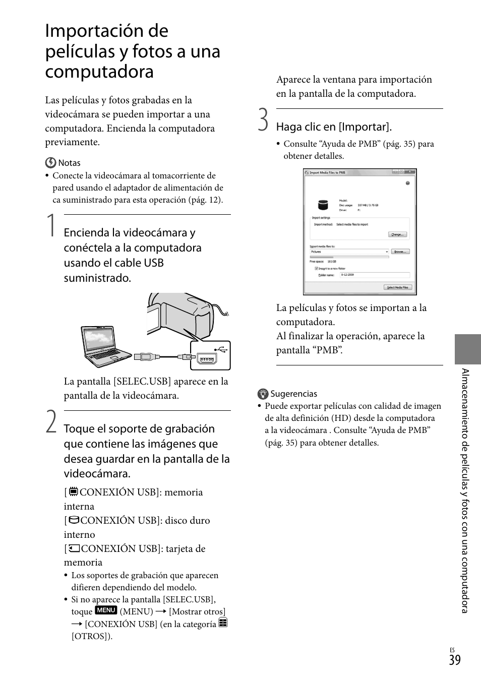 Importación de películas y fotos a una computadora, 39) y l | Sony HDR-CX300 User Manual | Page 115 / 155