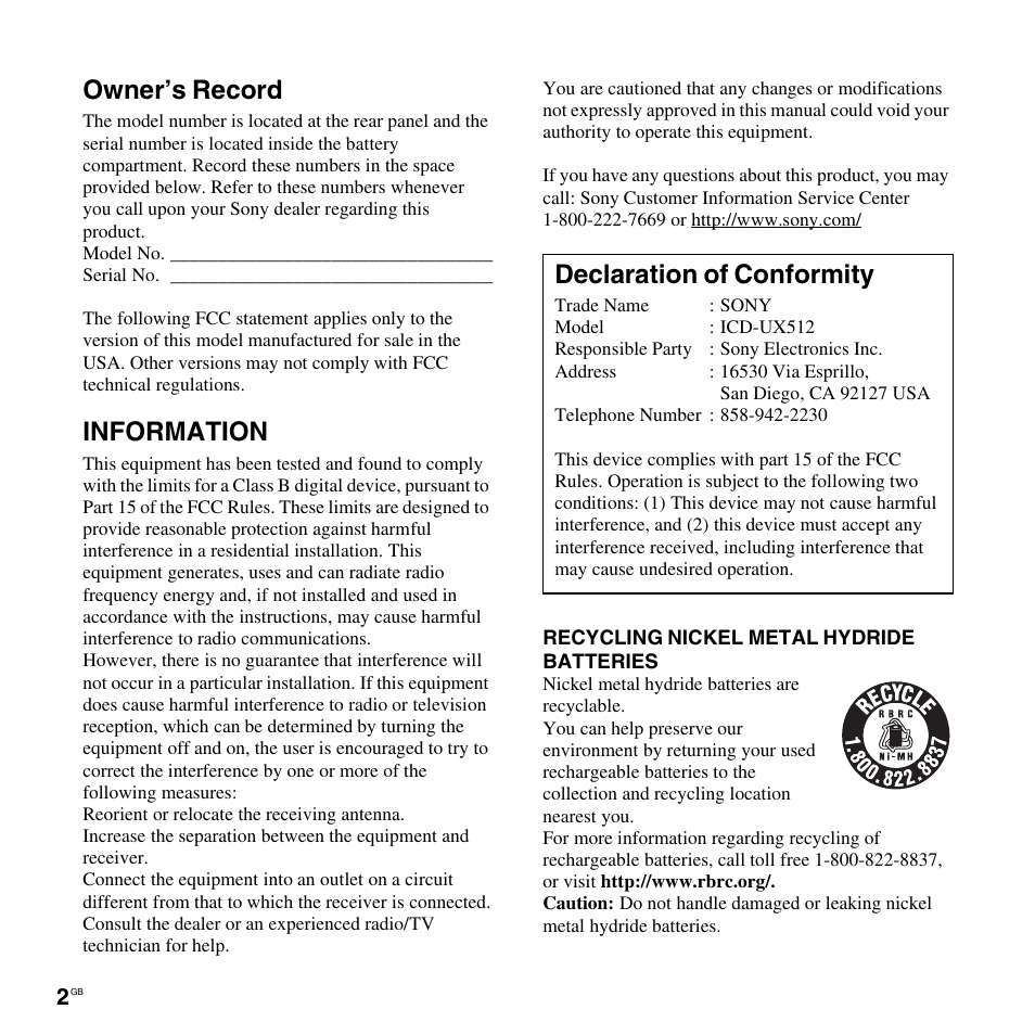 Owner’s record, Information, Declaration of conformity | Sony ICD-UX512BLK User Manual | Page 2 / 128