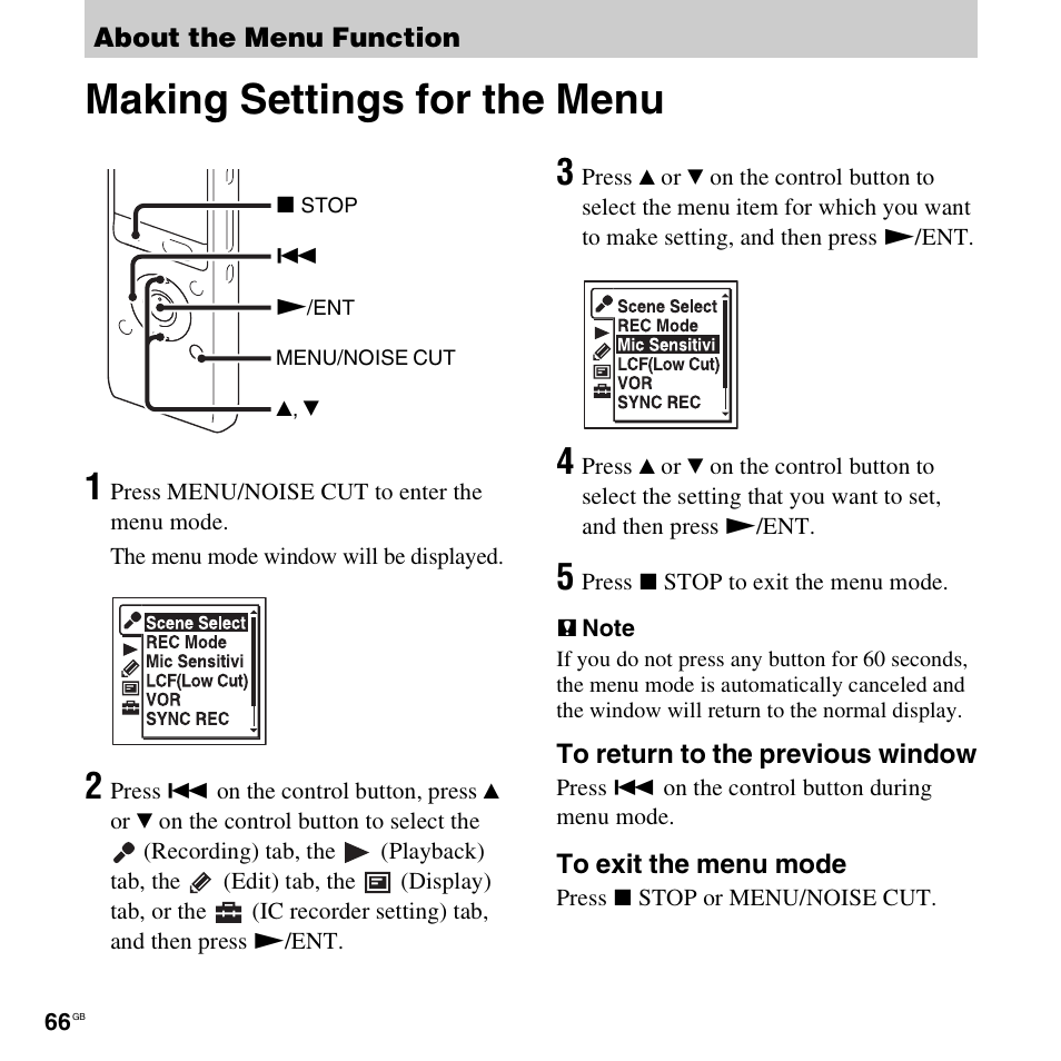 About the menu function, Making settings for the menu | Sony ICD-UX512BLK User Manual | Page 66 / 128