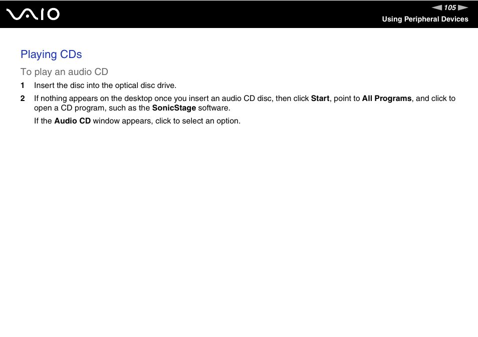 Playing cds | Sony VGN-AX570G User Manual | Page 105 / 237