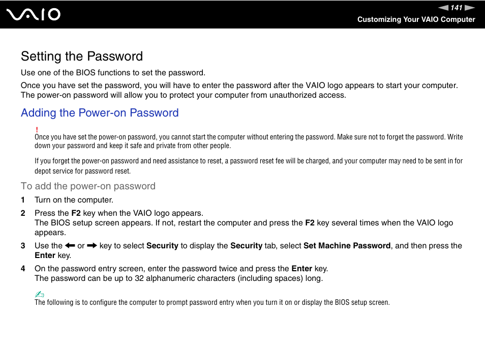 Setting the password, Adding the power-on password | Sony VGN-AX570G User Manual | Page 141 / 237