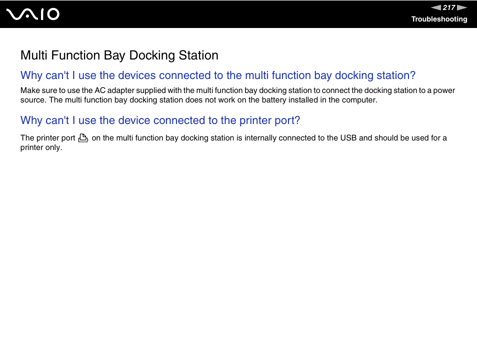 Multi function bay docking station | Sony VGN-AX570G User Manual | Page 217 / 237
