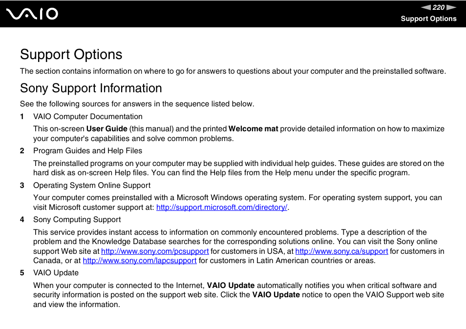 Support options, Sony support information | Sony VGN-AX570G User Manual | Page 220 / 237