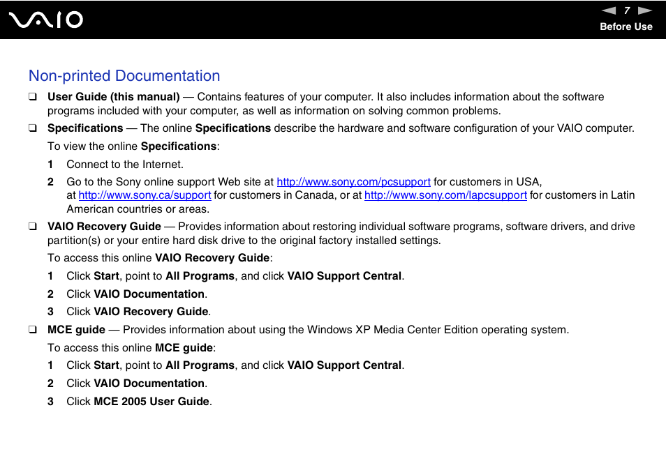 Non-printed documentation | Sony VGN-AX570G User Manual | Page 7 / 237