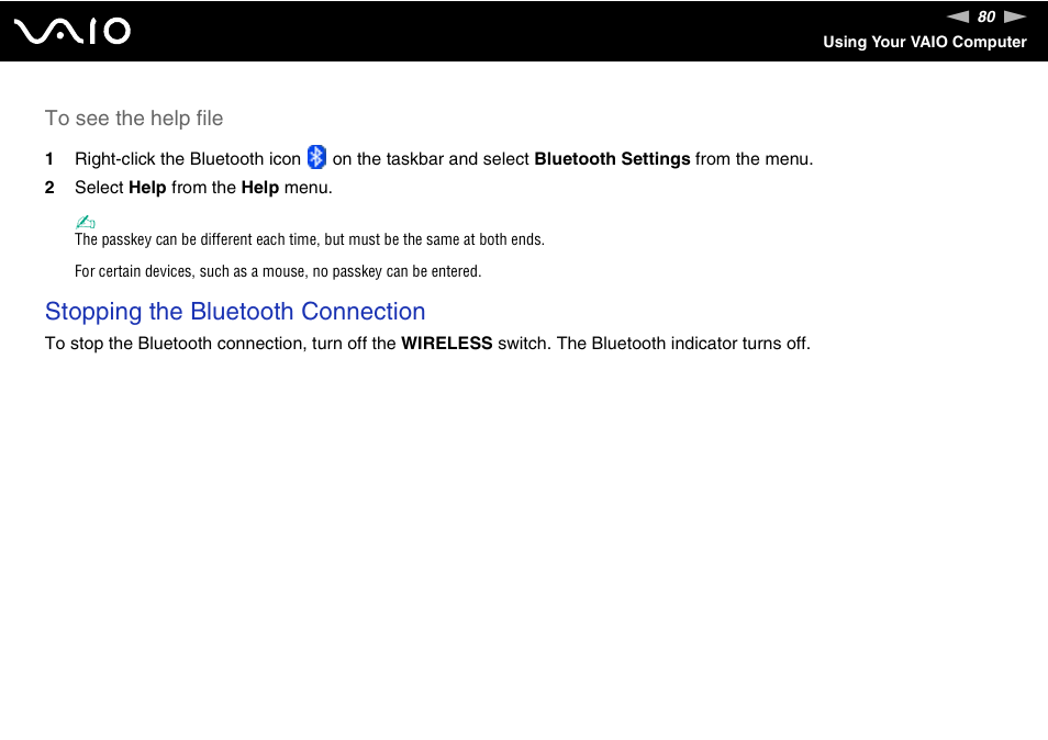 Stopping the bluetooth connection | Sony VGN-AX570G User Manual | Page 80 / 237