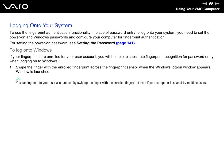 Logging onto your system | Sony VGN-AX570G User Manual | Page 90 / 237