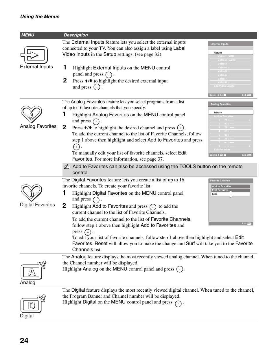 Using the menus | Sony KDL-46V25L1 User Manual | Page 24 / 48