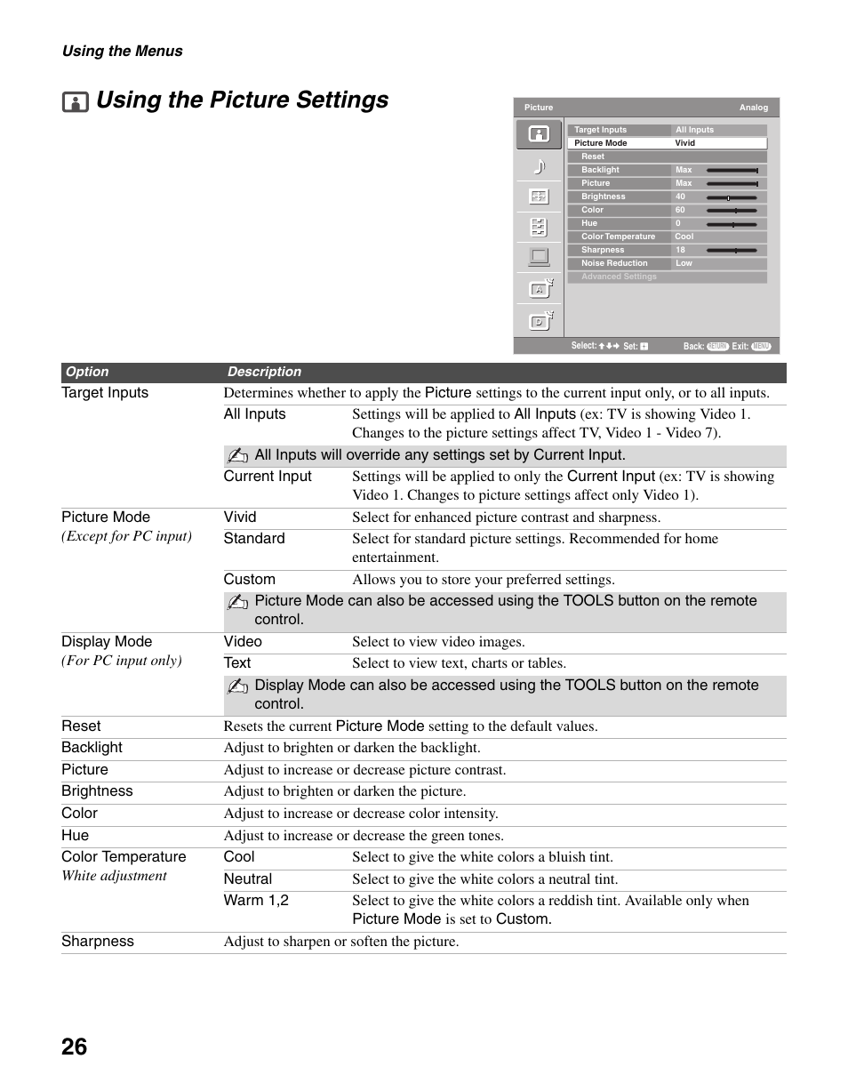 Using the picture settings, 26 using the picture settings | Sony KDL-46V25L1 User Manual | Page 26 / 48