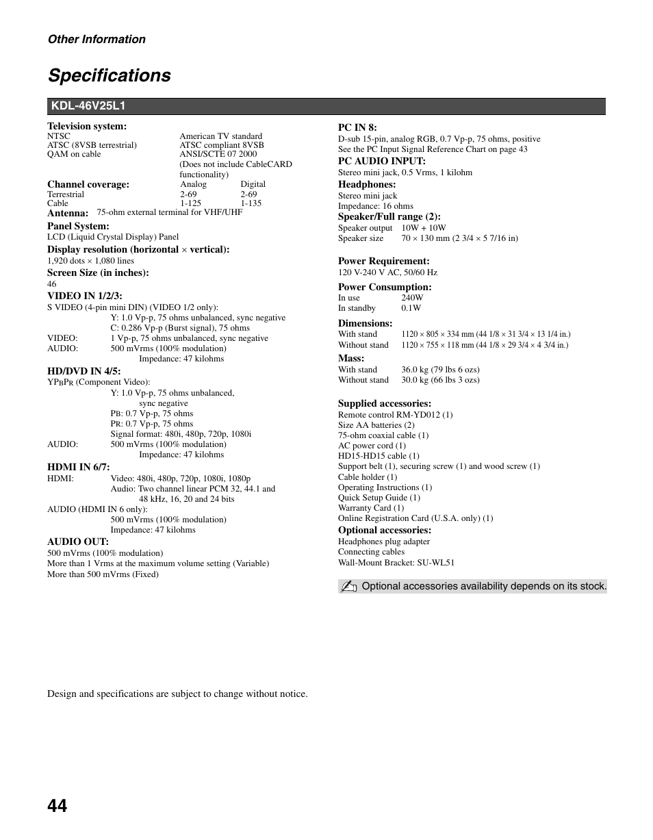 Specifications | Sony KDL-46V25L1 User Manual | Page 44 / 48