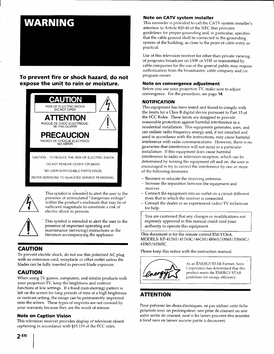 Warning, Caution, Note on caption vision | Note on catv system installer, Note on convergence adjustment, Notification, Attention | Sony KP-61S65 User Manual | Page 2 / 82