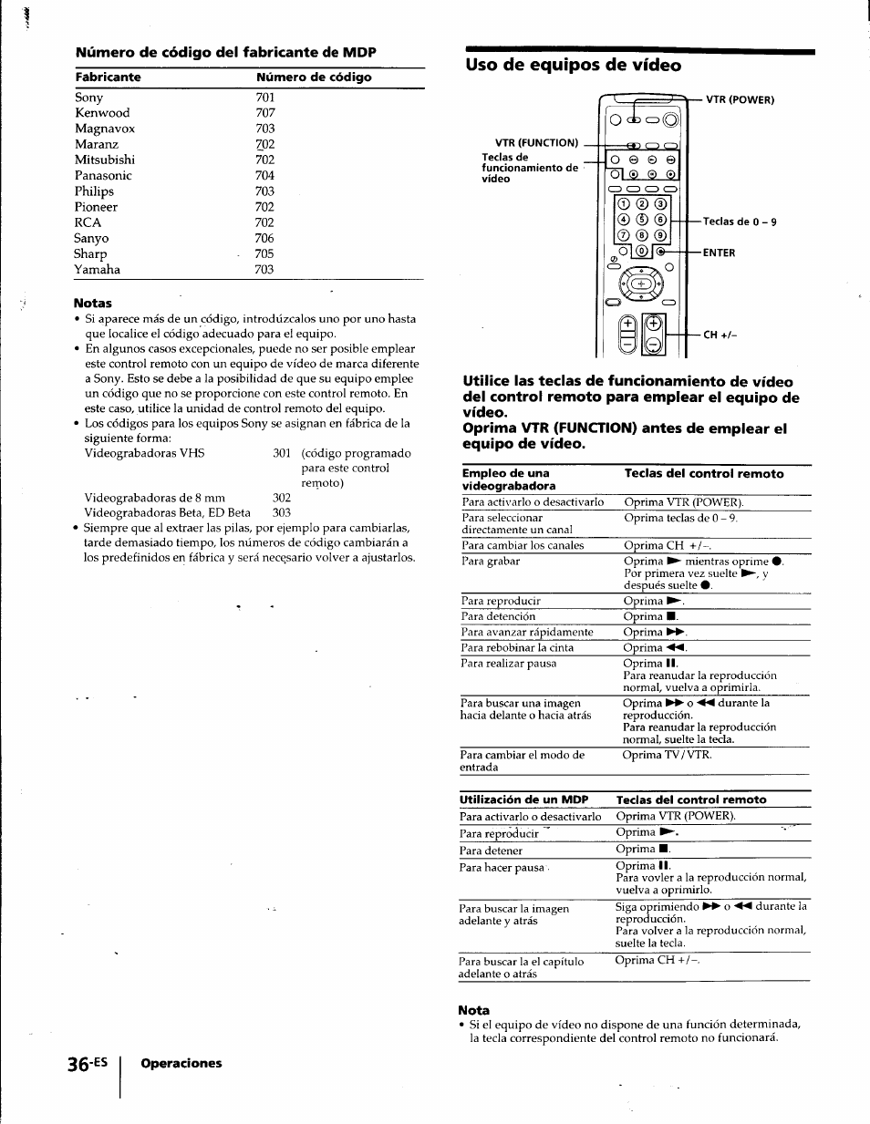Número de código del fabricante de mdp, Uso de equipos de vídeo, Notas | Nota | Sony KP-61S65 User Manual | Page 77 / 82
