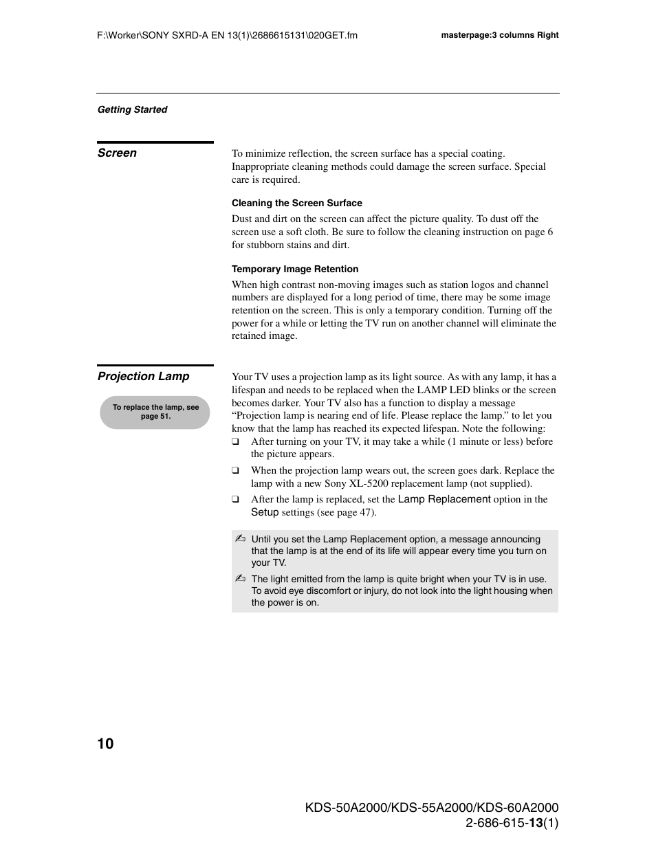 Screen, Projection lamp, Screen projection lamp | Sony KDS-50A2000 User Manual | Page 10 / 67
