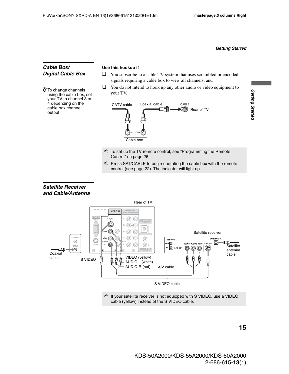 Cable box/ digital cable box, Satellite receiver and cable/antenna, Getting started | Ge tting started, Use this hookup if | Sony KDS-50A2000 User Manual | Page 15 / 67